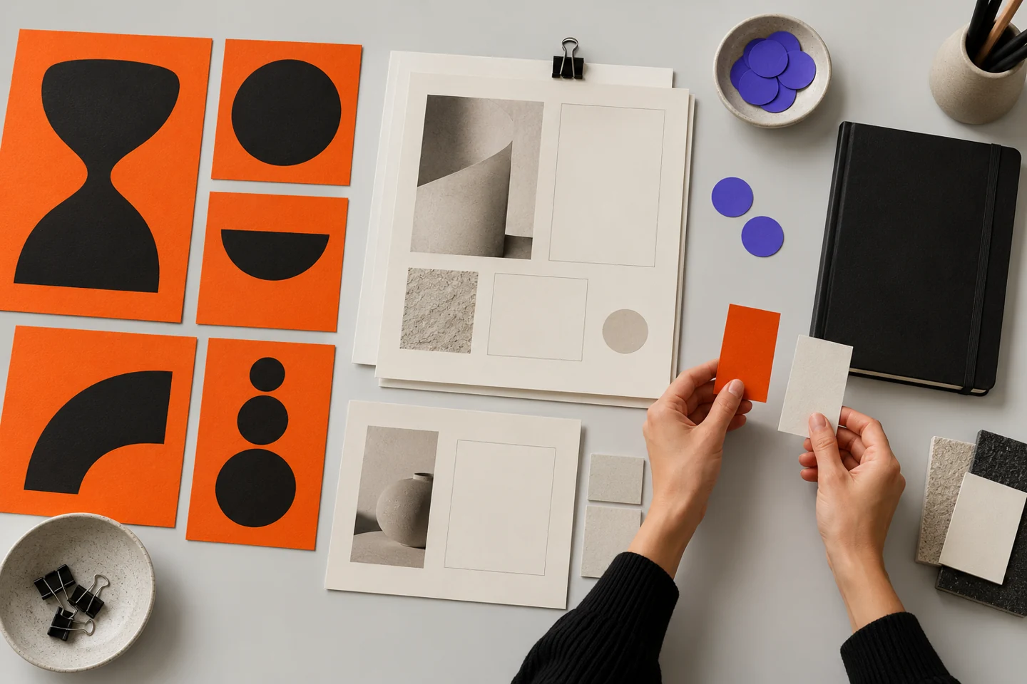 Illustrative content planning exercise with paper boards, notes and an editorial notebook